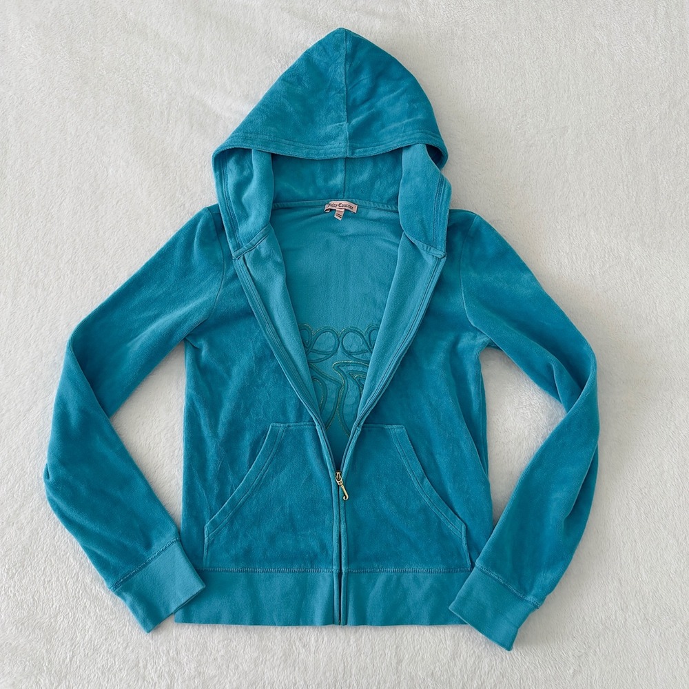 Juicy Couture Teal Velour Zip Hoodie Rhinestone Crest Bling Y2K McBling Size M